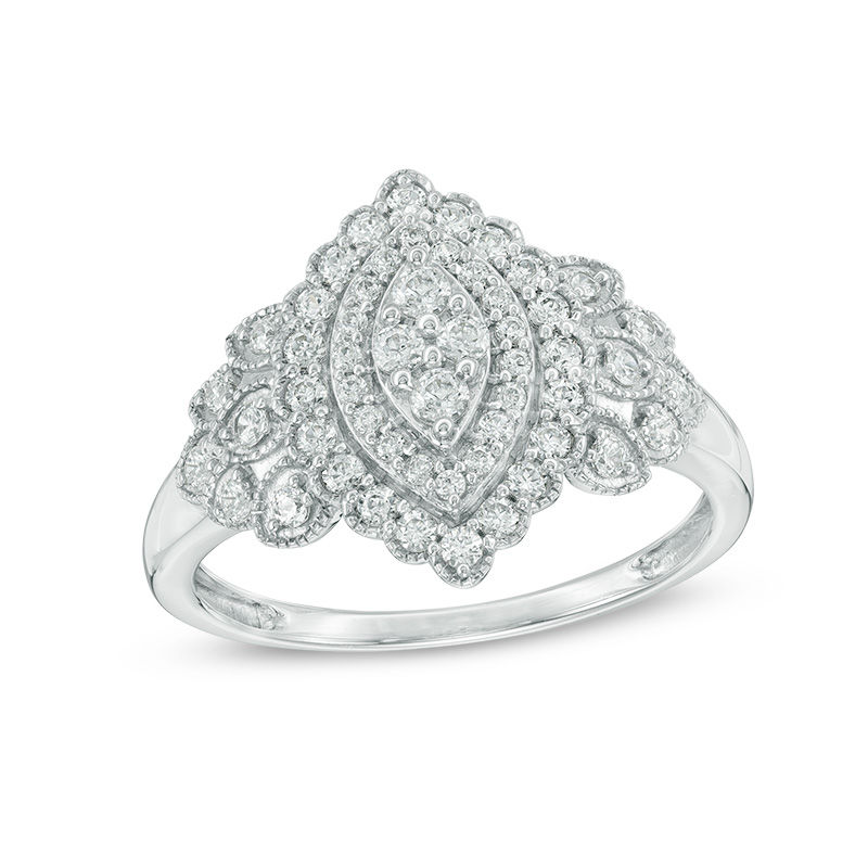 Main Image 1 of 1/2 CT. T.W. Composite Diamond Marquise Frame Vintage-Style Ring in 10K White Gold