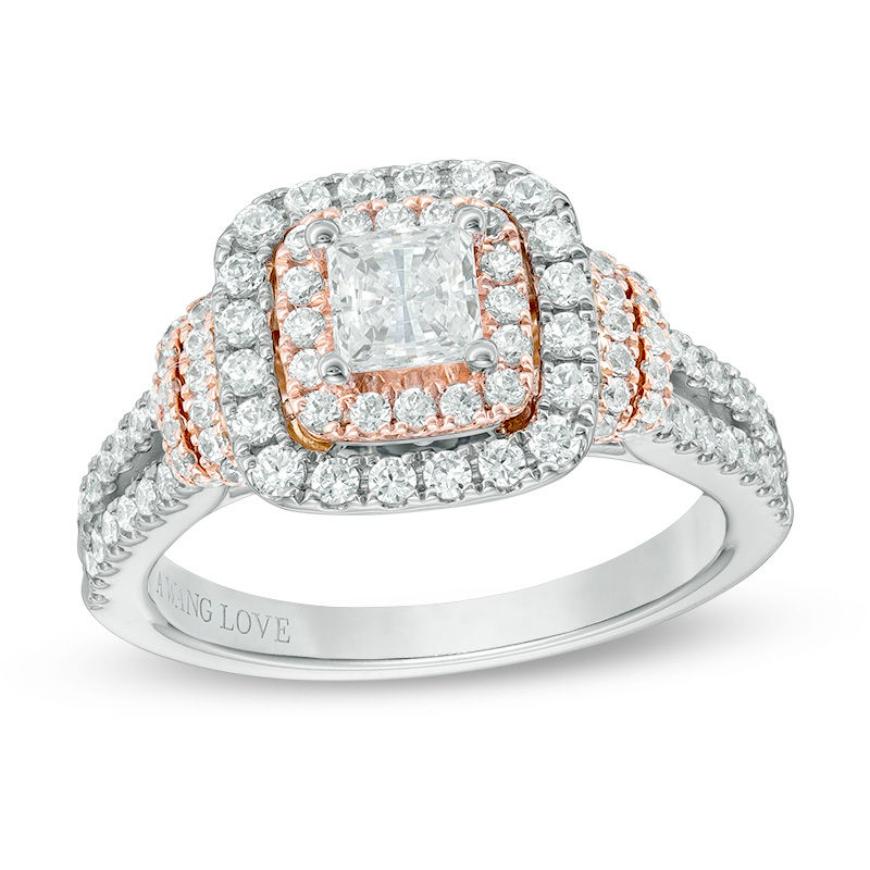 Main Image 1 of Vera Wang Love Collection 1-1/5 CT. T.W. Princess-Cut Diamond Double Frame Engagement Ring in 14K Two-Tone Gold