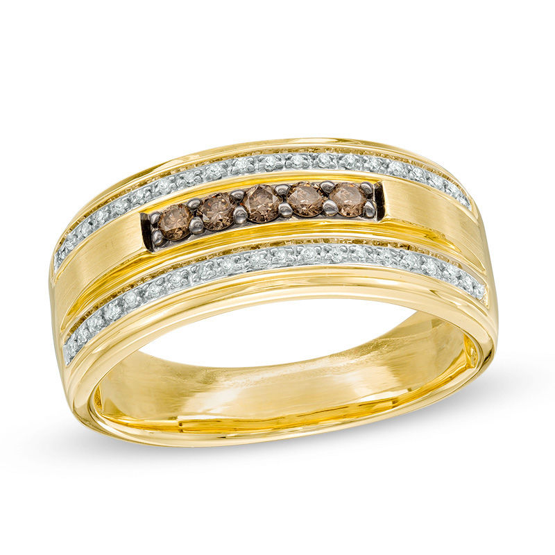 Main Image 1 of Men's 1/3 CT. T.W. Champagne and White Diamond Wedding Band in 10K Gold