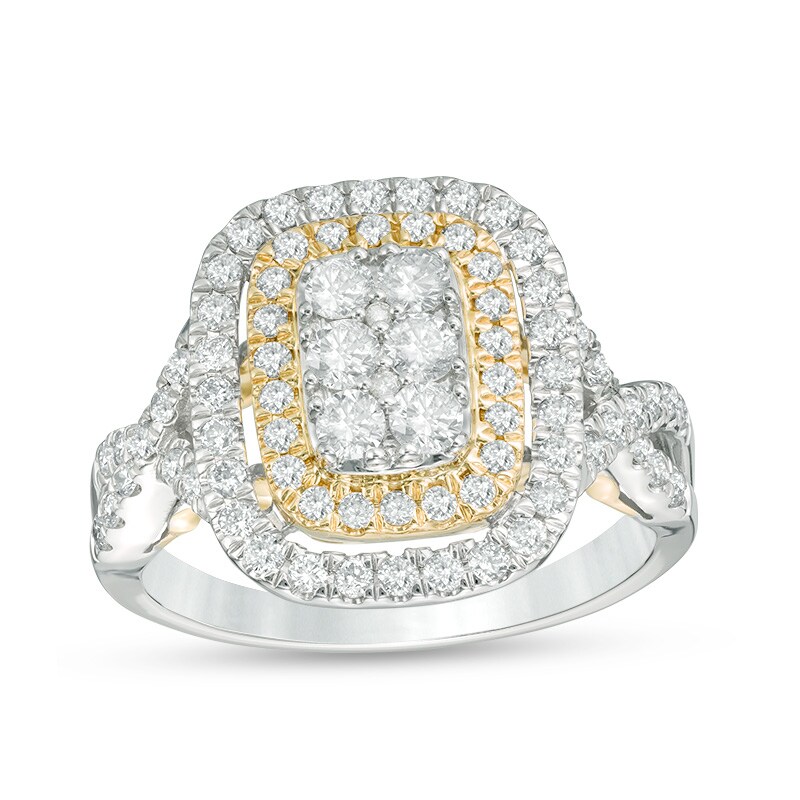 1 CT. T.W. Emerald-Shaped Multi-Diamond Rectangle Frame Twist Shank Ring in 10K Two-Tone Gold