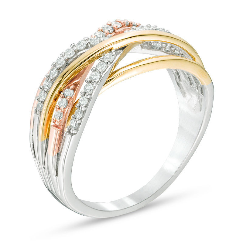 Main Image 2 of 1/3 CT. T.W. Diamond Layered Crossover Ring in 10K Tri-Tone Gold