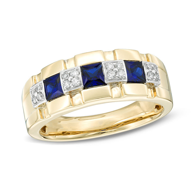 Main Image 1 of Lab-Created Blue Sapphire and 1/8 CT. T.W. Diamond Alternating Band in 10K Gold