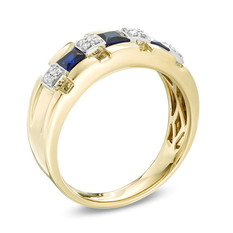 Main Image 2 of Lab-Created Blue Sapphire and 1/8 CT. T.W. Diamond Alternating Band in 10K Gold