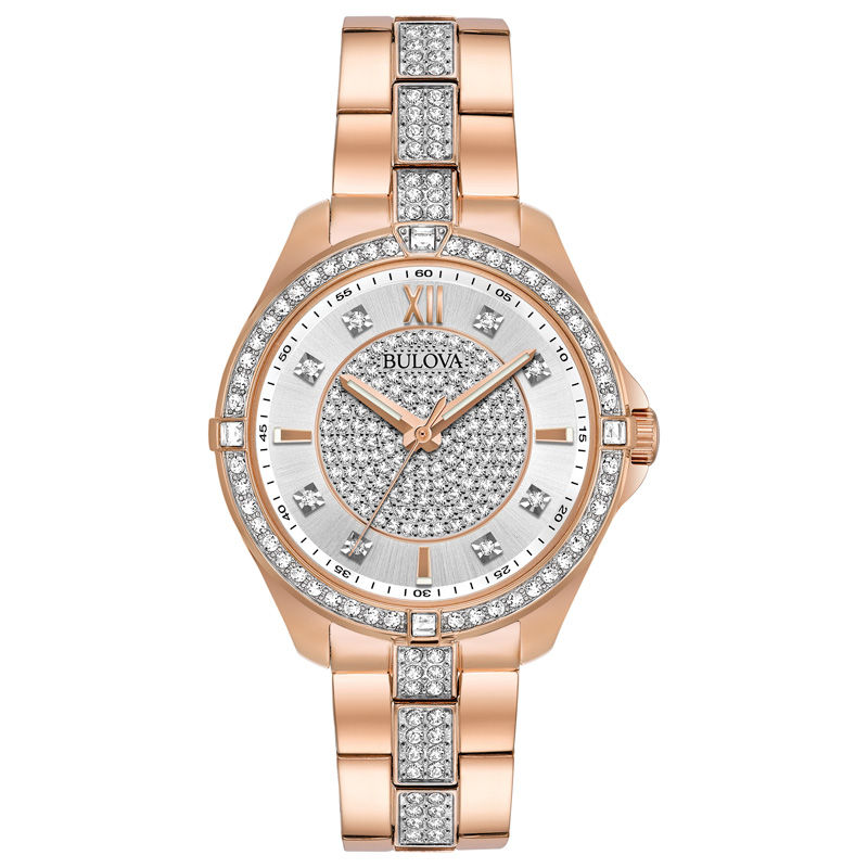 Ladies' Bulova Crystal Accent Rose-Tone Watch with White Dial (Model: 98L229)