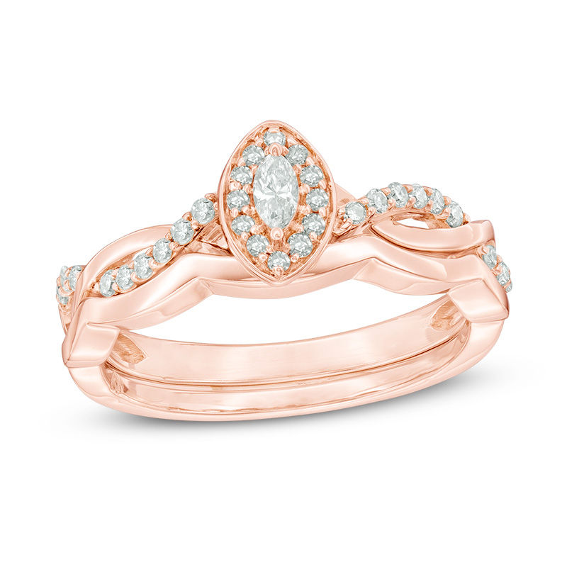 Main Image 1 of 1/4 CT. T.W. Marquise Diamond Frame Twist Bridal Set in 10K Rose Gold
