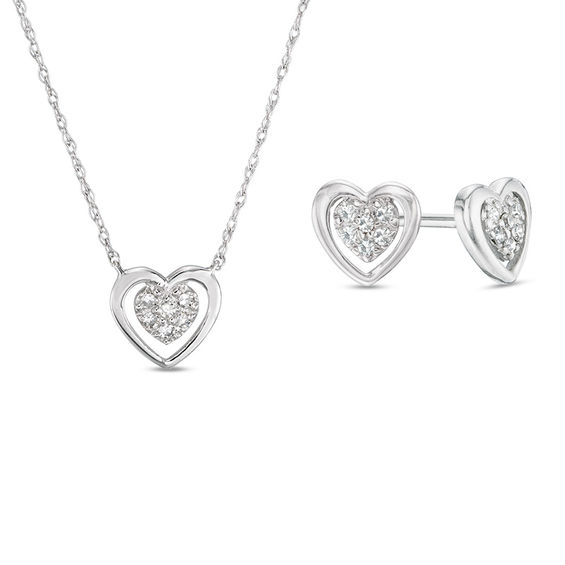 1/8 CT. T.W. Diamond Heart Frame Necklace and Stud ...