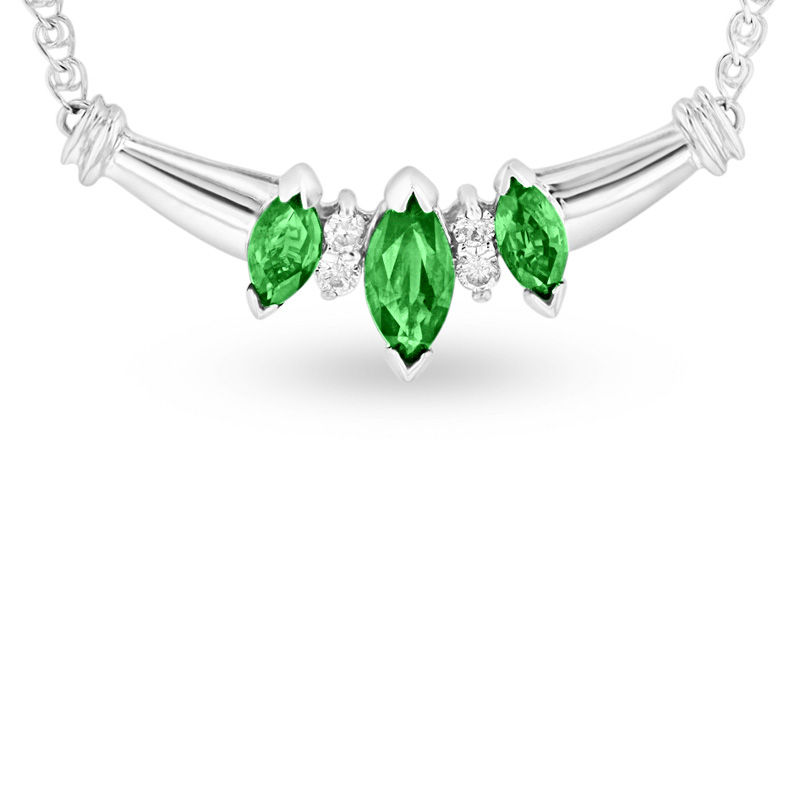 Marquise Emerald and Diamond Accent Three Stone Necklace in 14K White Gold - 16"