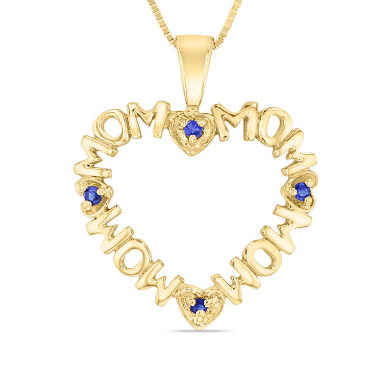 Blue Sapphire Repeating "MOM" Heart Pendant in 14K Gold