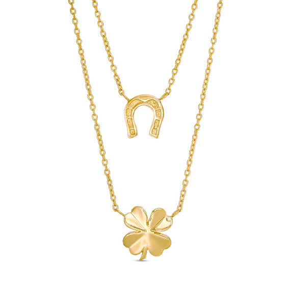 Horseshoe and Four Leaf Clover Double Strand Necklace in 10K Gold - 17"
