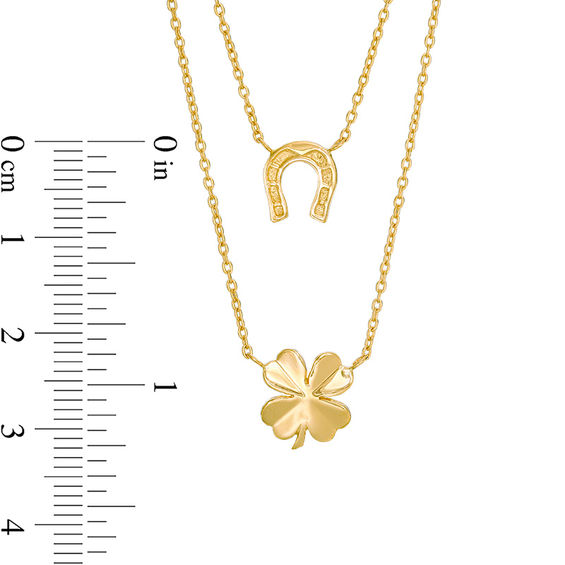 Horseshoe and Four Leaf Clover Double Strand Necklace in 10K Gold - 17"