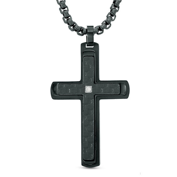 Men's Diamond Accent Carbon fiber Cross Pendant in Stainless Steel with Black IP - 24"