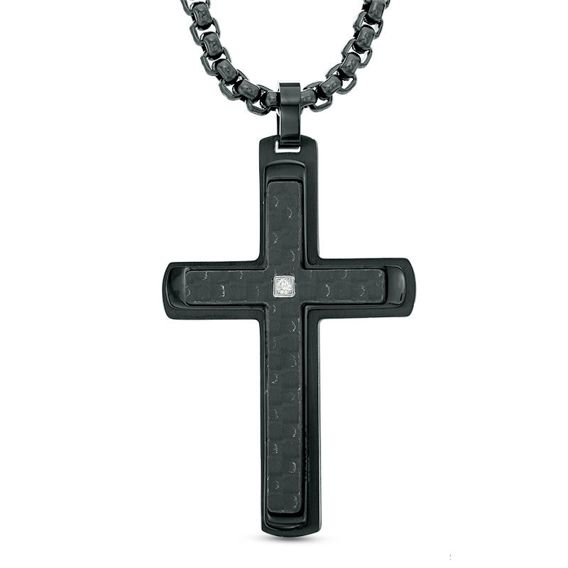 Main Image 1 of Men's Diamond Accent Carbon fiber Cross Pendant in Stainless Steel with Black IP - 24"