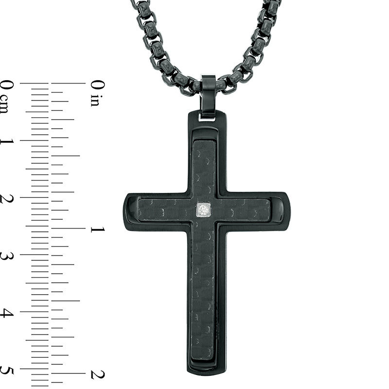 Main Image 2 of Men's Diamond Accent Carbon fiber Cross Pendant in Stainless Steel with Black IP - 24"