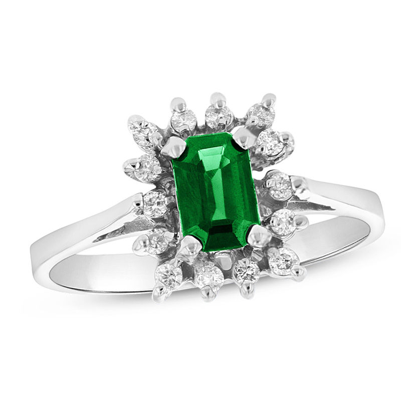 Emerald-Cut Emerald and 1/8 CT. T.W. Diamond Starburst Frame Ring in 14K White Gold