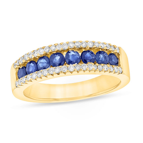 Blue Sapphire and 1/4 CT. T.w. Diamond Band in 14K Gold
