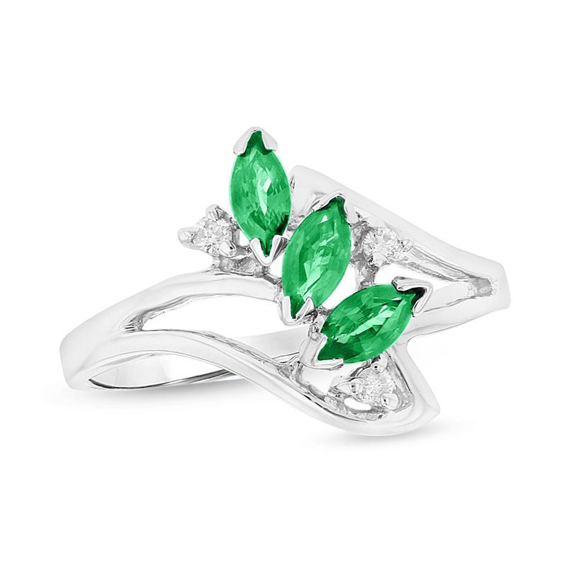 Marquise Emerald and Diamond Accent Three Stone Bypass Ring in 14K White Gold