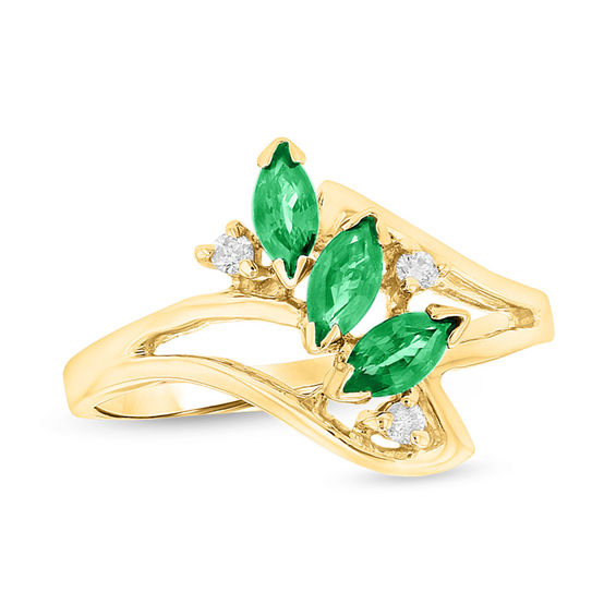 Marquise Emerald and Diamond Accent Three Stone Bypass Ring in 14K Gold
