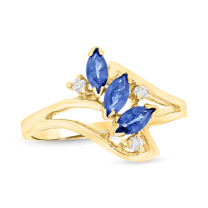Main Image 1 of Marquise Blue Sapphire and Diamond Accent Three Stone Bypass Ring in 14K Gold