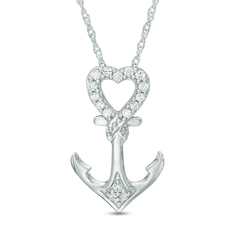 1/10 CT. T.W. Diamond Heart-Top Anchor Pendant in 10K White Gold