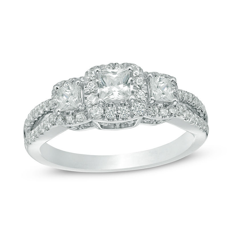 1 CT. T.W. Princess-Cut Diamond Frame Three Stone Vintage-Style Engagement Ring in 14K White Gold