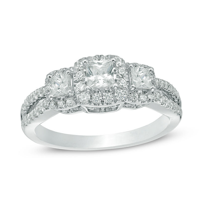 Main Image 1 of 1 CT. T.W. Princess-Cut Diamond Frame Three Stone Vintage-Style Engagement Ring in 14K White Gold