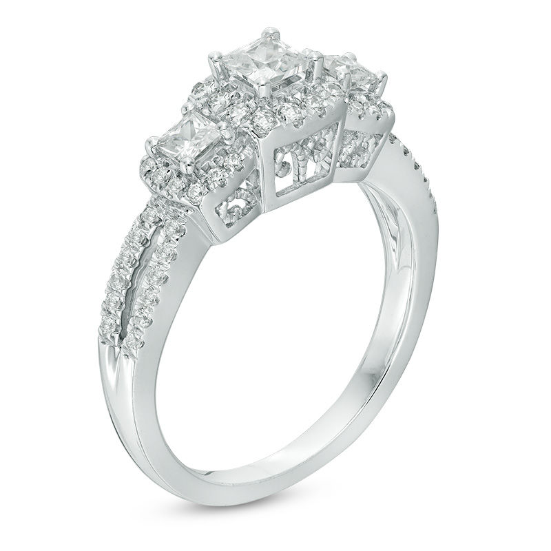 1 CT. T.W. Princess-Cut Diamond Frame Three Stone Vintage-Style Engagement Ring in 14K White Gold