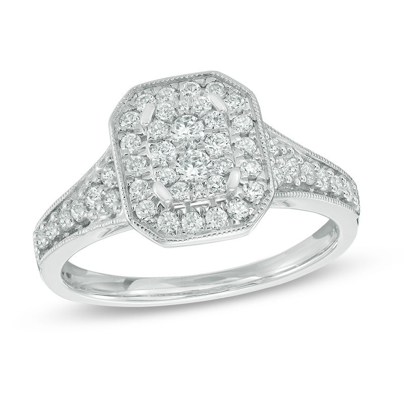 5/8 CT. T.W. Multi-Diamond Octagonal Frame Vintage-Style Engagement Ring in 14K White Gold