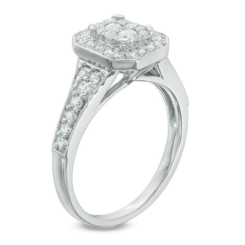5/8 CT. T.W. Multi-Diamond Octagonal Frame Vintage-Style Engagement Ring in 14K White Gold