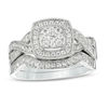Thumbnail Image 1 of 1/2 CT. T.W. Multi-Diamond Cushion Frame Vintage-Style Bridal Set in 10K White Gold