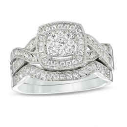 1/2 CT. T.W. Multi-Diamond Cushion Frame Vintage-Style Bridal Set in 10K White Gold