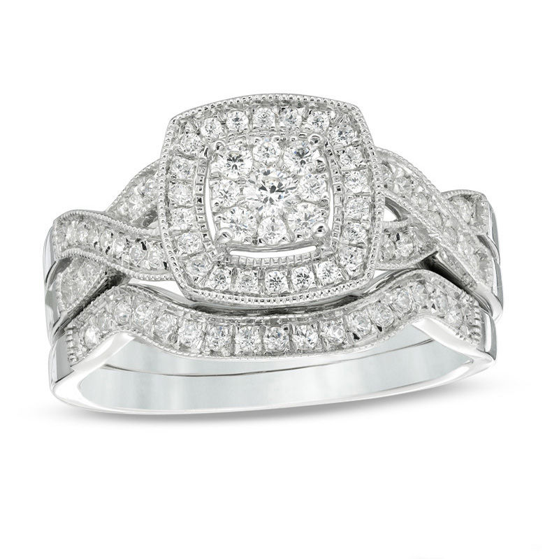 Main Image 1 of 1/2 CT. T.W. Multi-Diamond Cushion Frame Vintage-Style Bridal Set in 10K White Gold