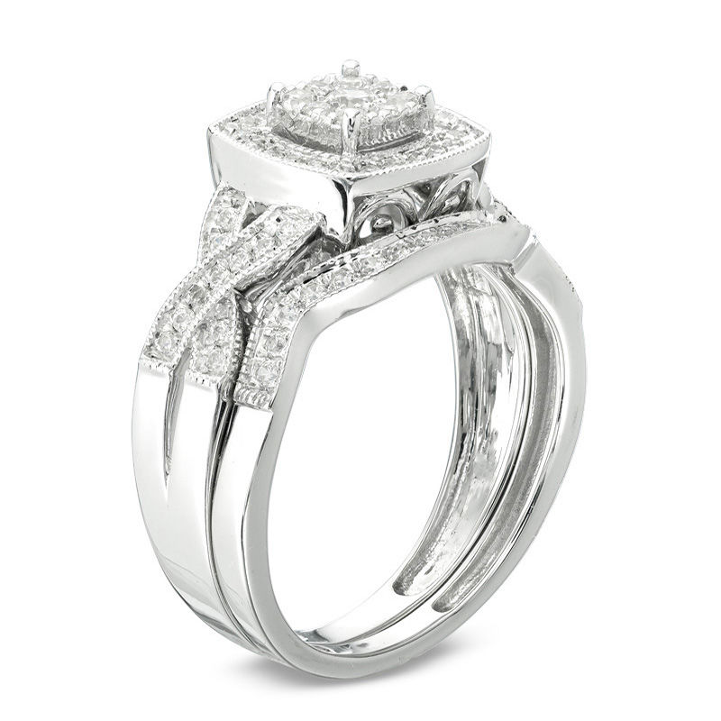 Main Image 2 of 1/2 CT. T.W. Multi-Diamond Cushion Frame Vintage-Style Bridal Set in 10K White Gold