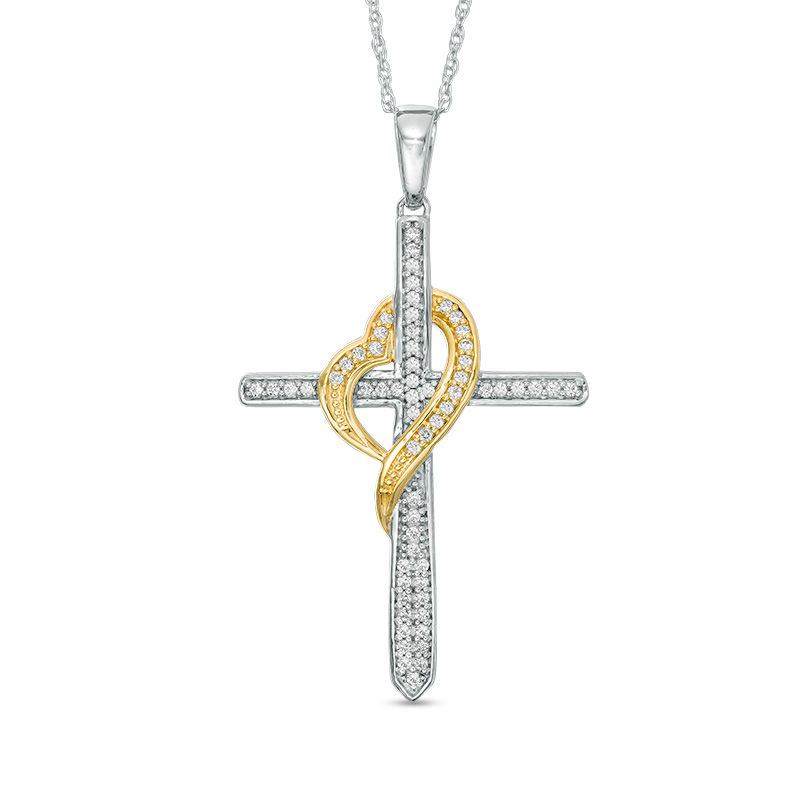 Main Image 1 of 1/5 CT. T.W. Diamond Cross with Heart Pendant in 10K Two-Tone Gold