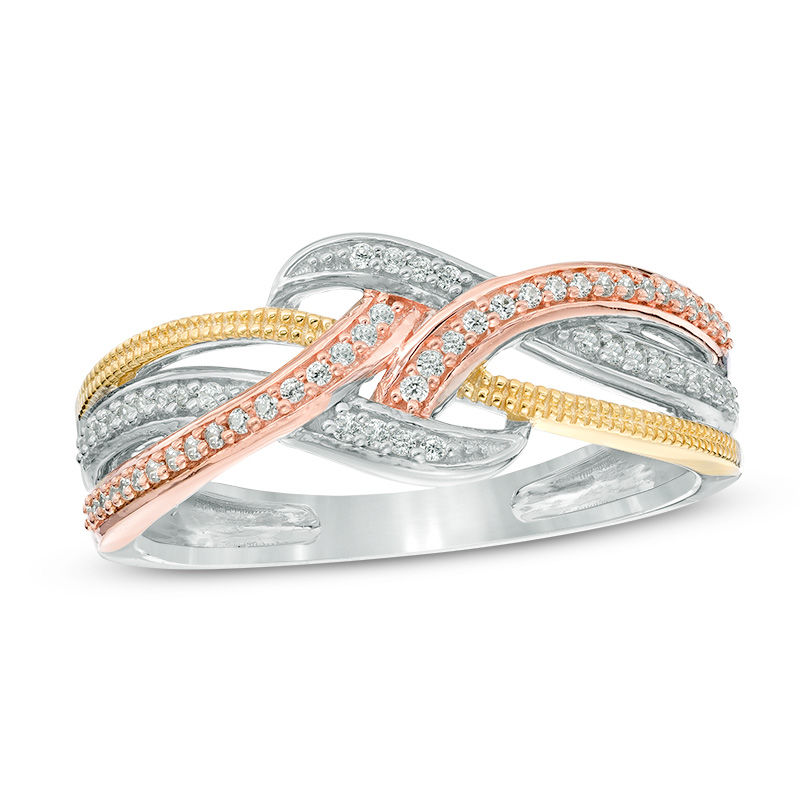 Main Image 1 of 1/8 CT. T.W. Diamond Woven Crossover Ring in 10K Tri-Tone Gold