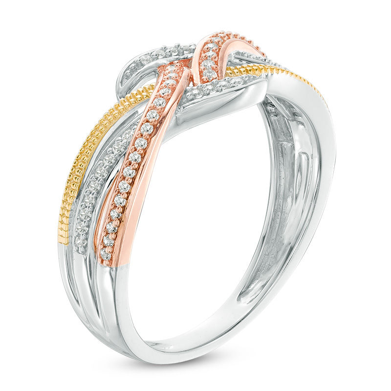 Main Image 2 of 1/8 CT. T.W. Diamond Woven Crossover Ring in 10K Tri-Tone Gold
