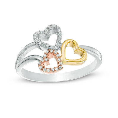 DGOLD Sterling Silver Round Diamond Double Heart Ring – 1/10 Cttw, Dainty Stackable Ring