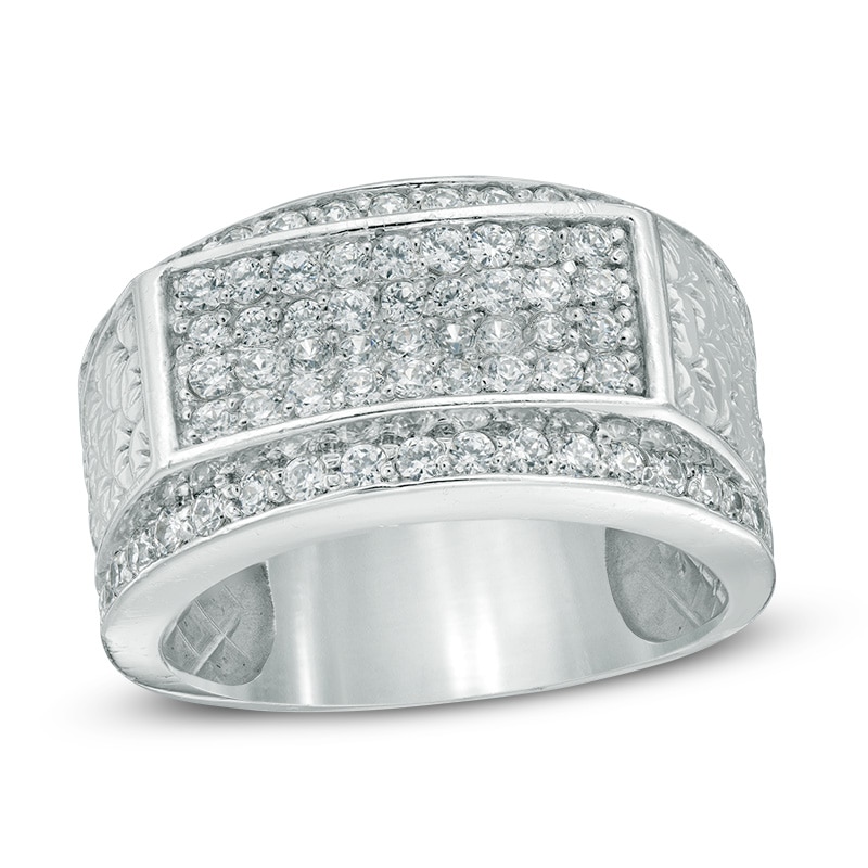 Men's 1 CT. T.W. Rectangle Multi-Diamond Scalloped Anniversary Ring in 10K White Gold