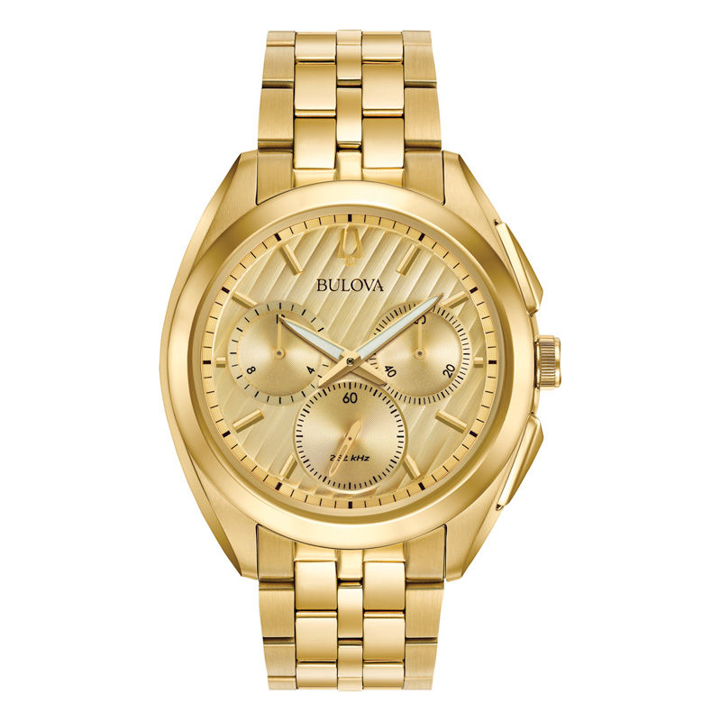 Men's Bulova Curv Chronograph Gold-Tone Watch with Champagne Dial (Model: 97A125)