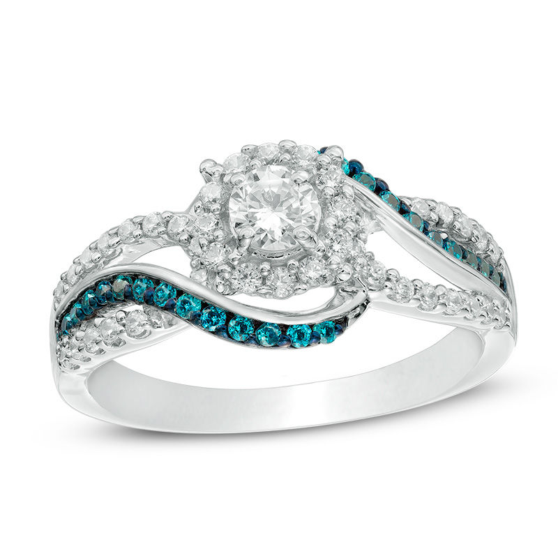 5/8 CT. T.W. Enhanced Blue and White Diamond Frame Bypass Split Shank Engagement Ring in 10K White Gold