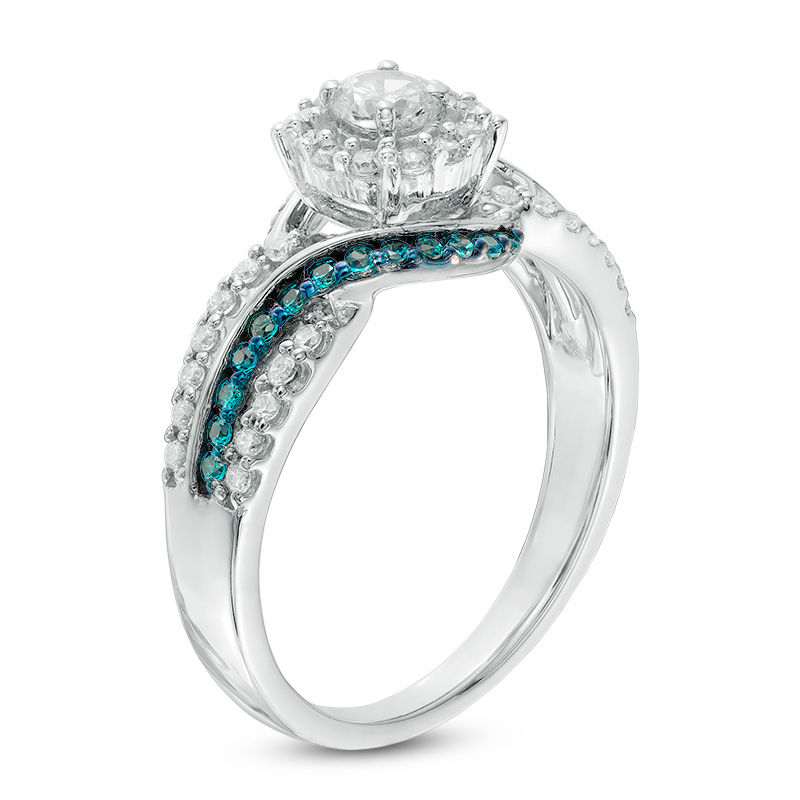 5/8 CT. T.W. Enhanced Blue and White Diamond Frame Bypass Split Shank Engagement Ring in 10K White Gold