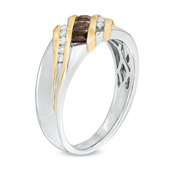 Men's Smoky Quartz and 1/8 CT. T.w. Diamond Three Stone Slant Band in 10K Two-Tone Gold
