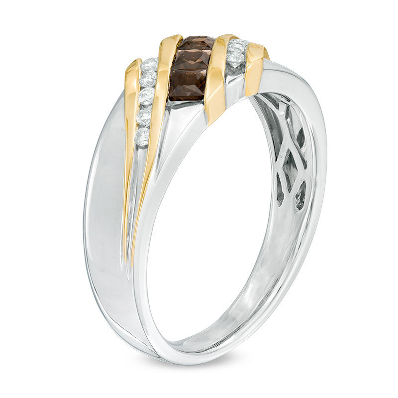 Main Image 2 of Smoky Quartz and 1/8 CT. T.W. Diamond Three Stone Slant Band in 10K Two-Tone Gold