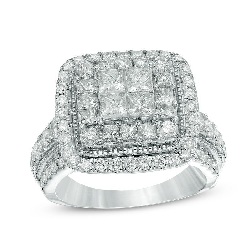 Main Image 1 of 2-1/5 CT. T.W. Quad Princess-Cut Diamond Frame Vintage-Style Engagement Ring in 14K White Gold