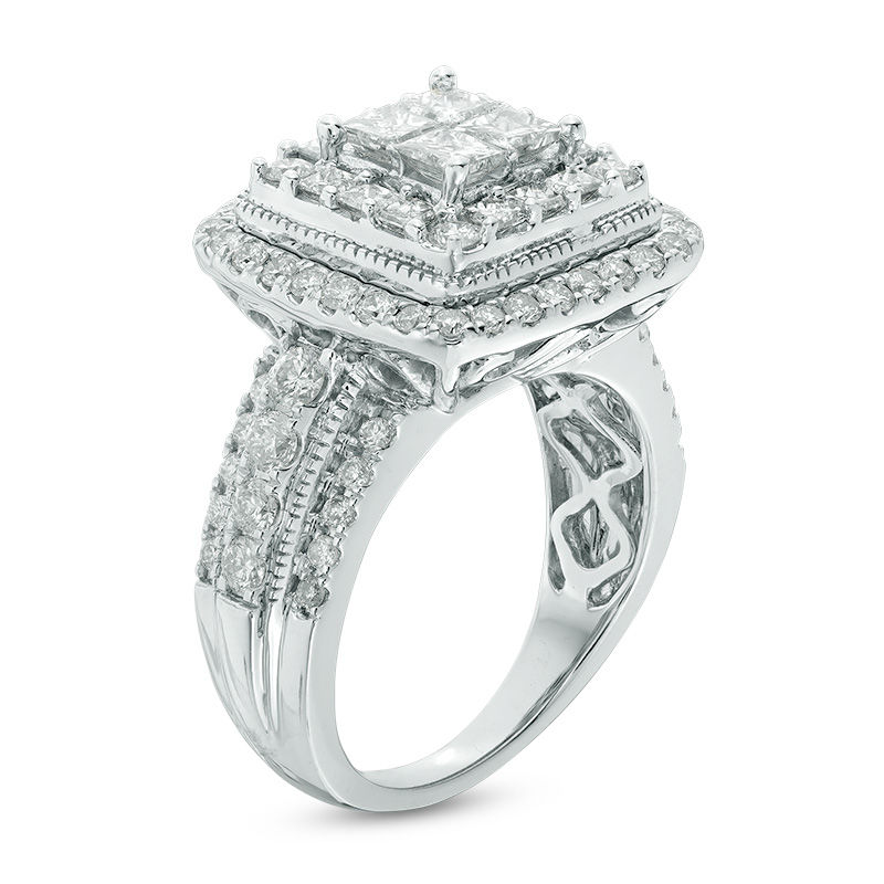 Main Image 2 of 2-1/5 CT. T.W. Quad Princess-Cut Diamond Frame Vintage-Style Engagement Ring in 14K White Gold