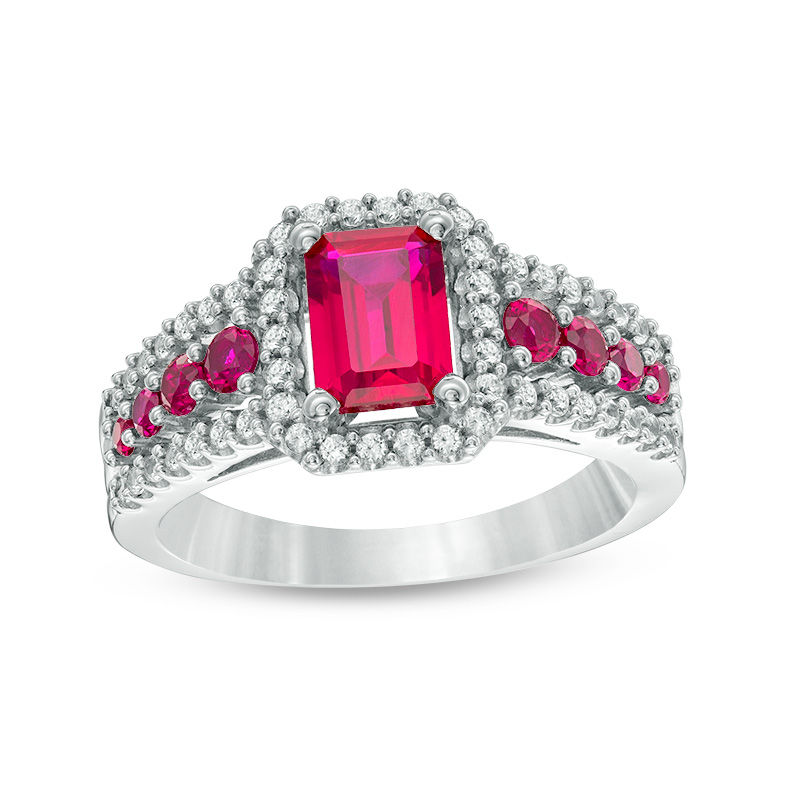 Main Image 1 of Emerald-Cut Lab-Created Ruby and White Sapphire Frame Ring in Sterling Silver