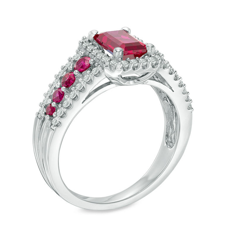 Main Image 2 of Emerald-Cut Lab-Created Ruby and White Sapphire Frame Ring in Sterling Silver