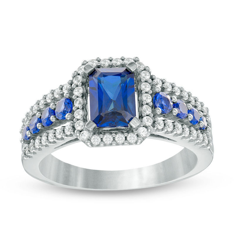 Main Image 1 of Emerald-Cut Lab-Created Blue and White Sapphire Frame Ring in Sterling Silver
