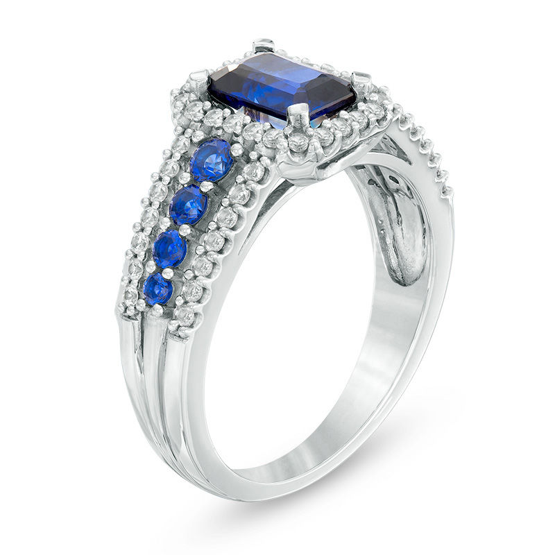 Emerald-Cut Lab-Created Blue and White Sapphire Frame Ring in Sterling Silver