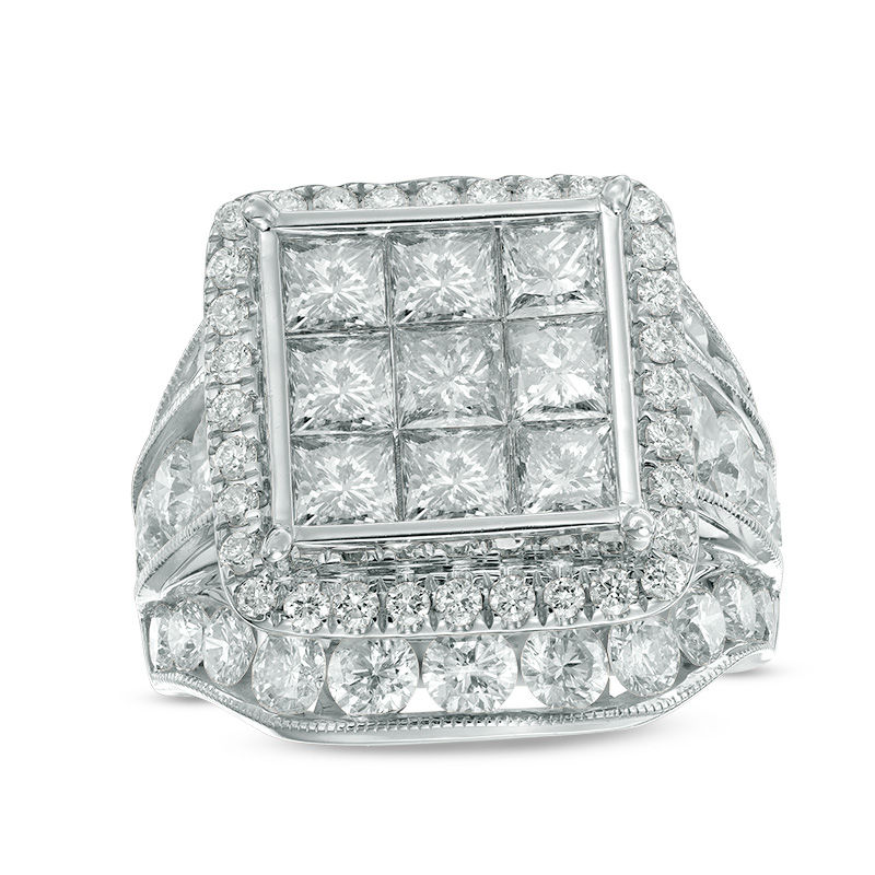7 CT. T.W. Princess-Cut Composite Diamond Frame Triple Row Engagement Ring in 14K White Gold