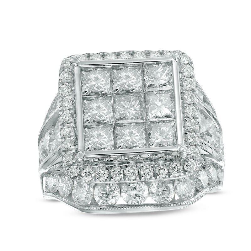 Main Image 1 of 7 CT. T.W. Princess-Cut Composite Diamond Frame Triple Row Engagement Ring in 14K White Gold